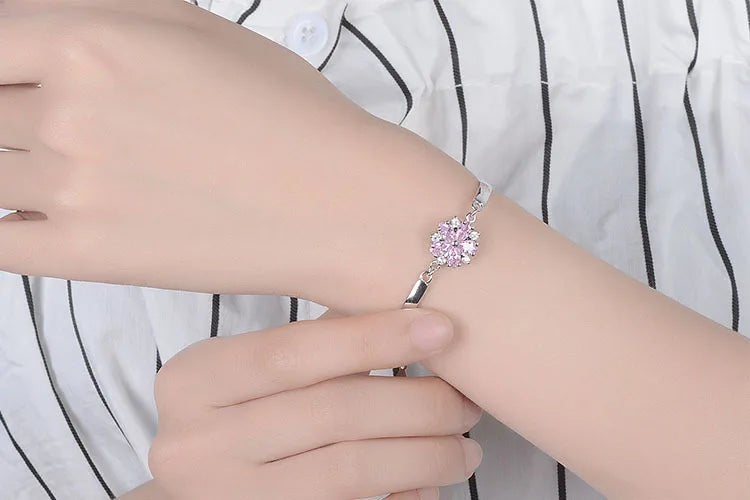 925 Sterling Silver Pink Crystal Zirconia Cherry Blossom Flower Bracelets & Bangles For Women pulseira S-B45