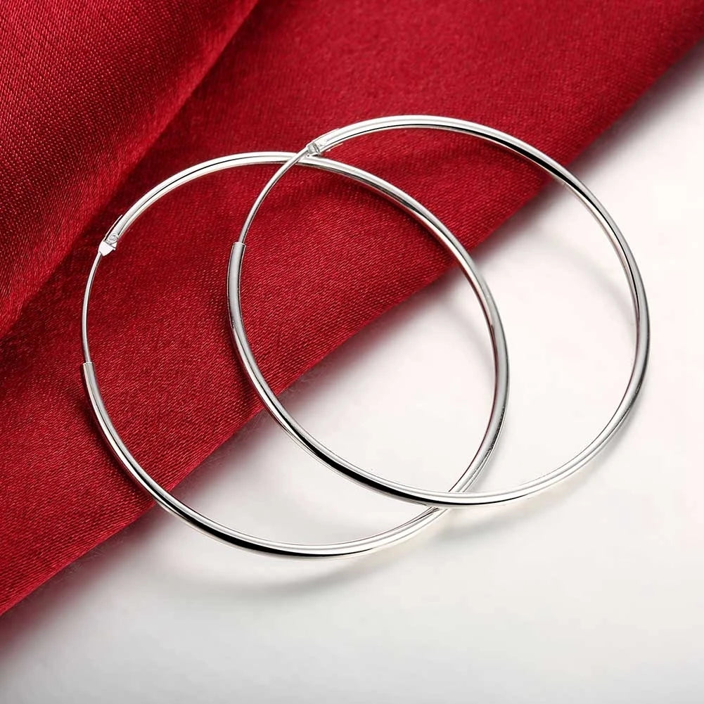 100% 925 stamp silver color Hoop Earring For Women 50mm 60mm Round Circle Loop Simple Woman Silver Hoop Earrings