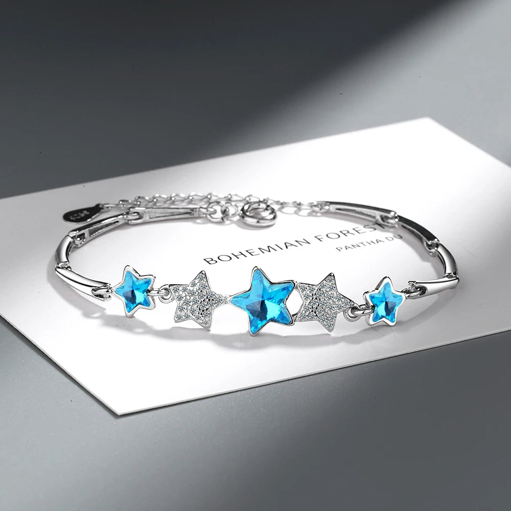 Delicate 925 Sterling Silver Blue Crystal luxury Zirconia Star Bracelets Pulseiras For Women Valentines Gift Wedding Jewelry