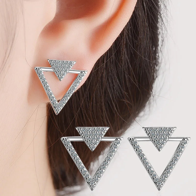 925 Sterling Silver Jewelry Shiny Zirconia Crystal Hollow Triangle Stud Earrings For Women pendientes Oorbellen S-E358