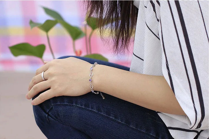 Hot Fashion 925 Sterling Silver Bracelet For Women Double Heart Zirconia Bracelet pulseira feminina Gift S-B149