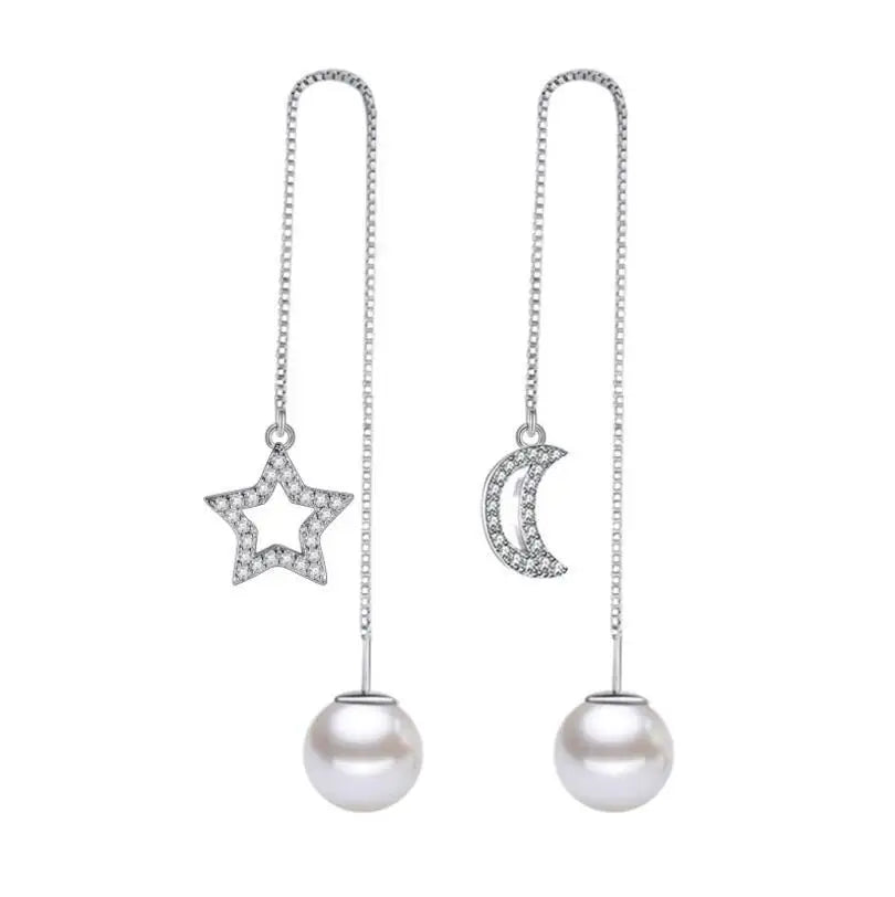 Newest 925 stamp silver color Tassels Earrings Crystal Zirconia Moon Star Pearl Long Drop Earrings  pendientes S-E253