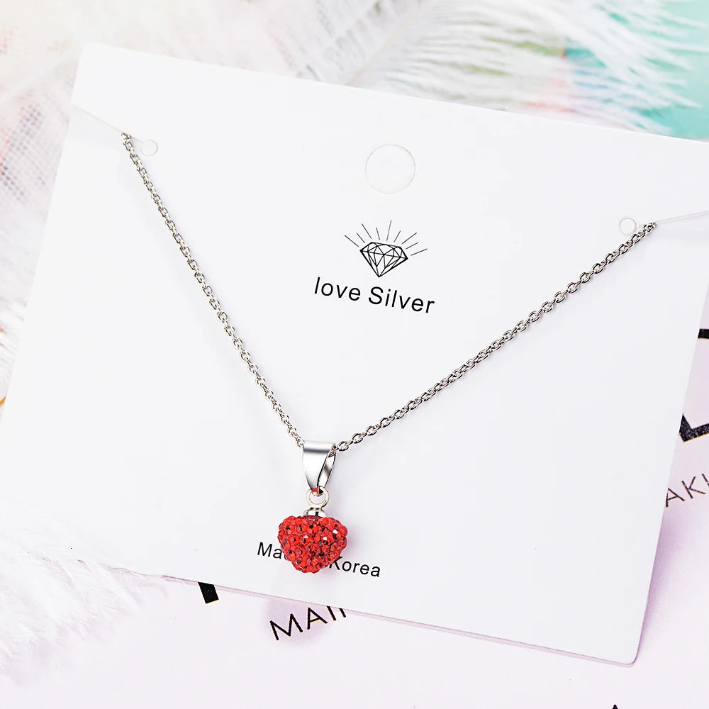 Exquisite New Fashion Korean Style Handmade 925 Sterling Silver Jewelry Cute Red Rhinestone Love Heart Pendant Necklaces