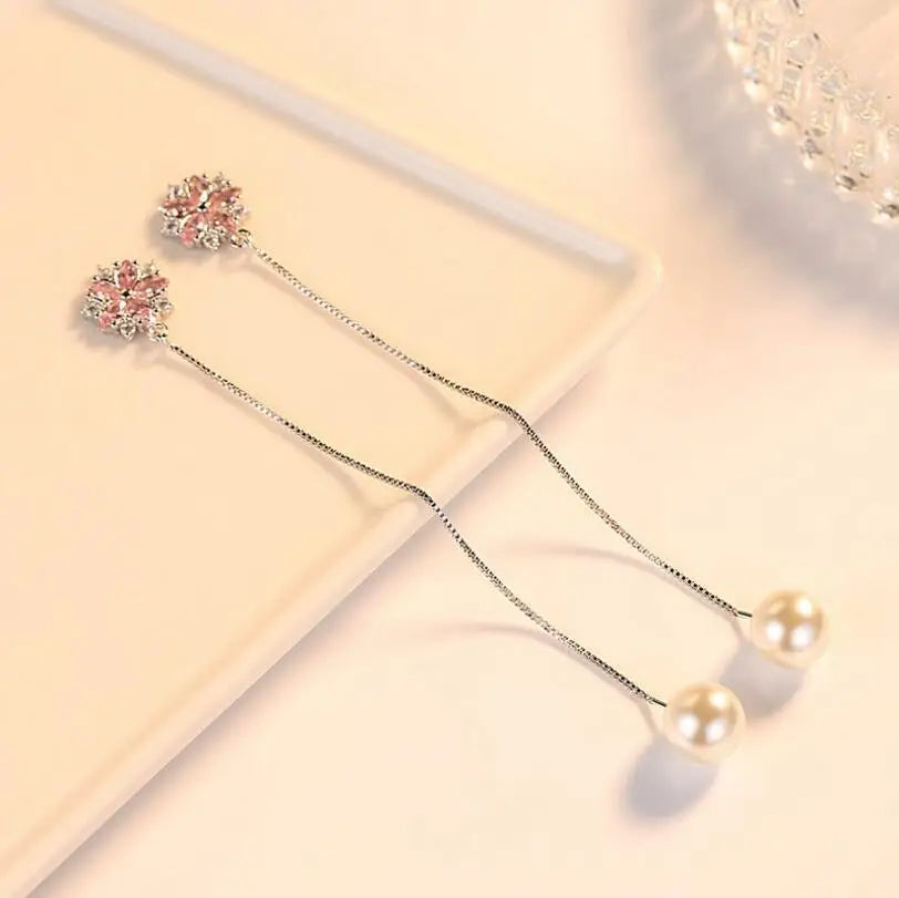 925 stamp silver color Pink Crystal Micro Zirconia Cherry Blossom Flower Pearl Tassel Earrings For Women Girl brincos S-E567