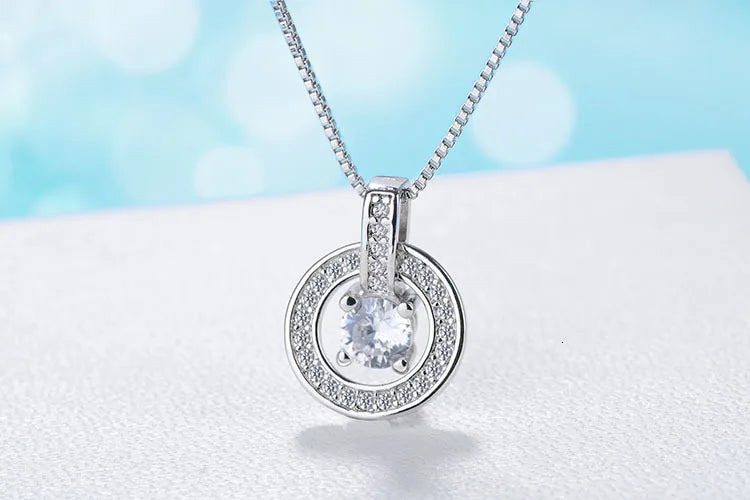 925 Sterling Silver Necklaces Rhinestone Double Circle Pendant Necklace Jewelry Collar Colar De Plata