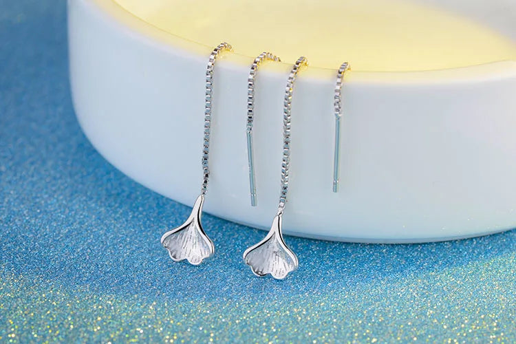 Solid 925 stamp silver color Ginkgo Biloba Leaf Drop Earrings For Women Long Chain Girl Earring Fashion Silver Jewelry