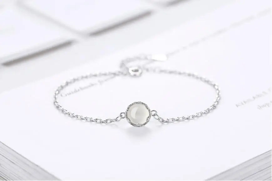 Simple 925 Sterling Silver Chain Bracelets Chalcedony Moonlight Stone Bracelets & Bangles For Women pulseira S-B97