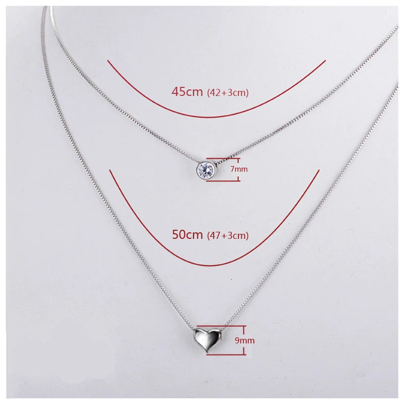 Wholesale Fine Jewelry 925 Sterling Silver Double Layers Collarbone Necklace Chain Cz Love-heart Pendant Necklace For Women
