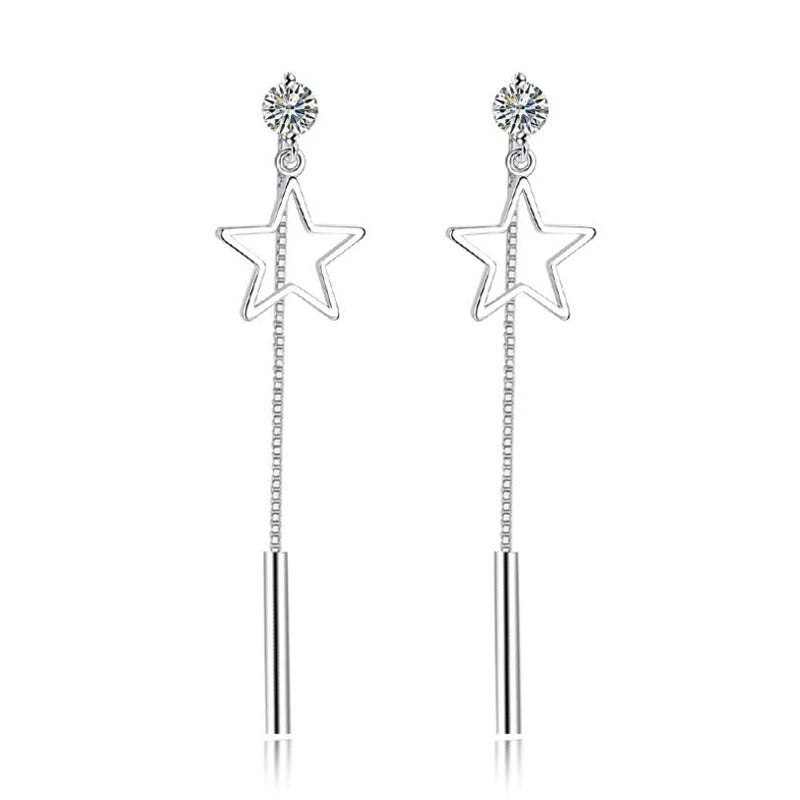 925 stamp silver color Earrings For Women Zirconia Star Long Tassel Earrings Ear Chain oorbellen boucles d'oreilles S-E444