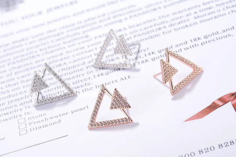 925 Sterling Silver Jewelry Shiny Zirconia Crystal Hollow Triangle Stud Earrings For Women pendientes Oorbellen S-E358