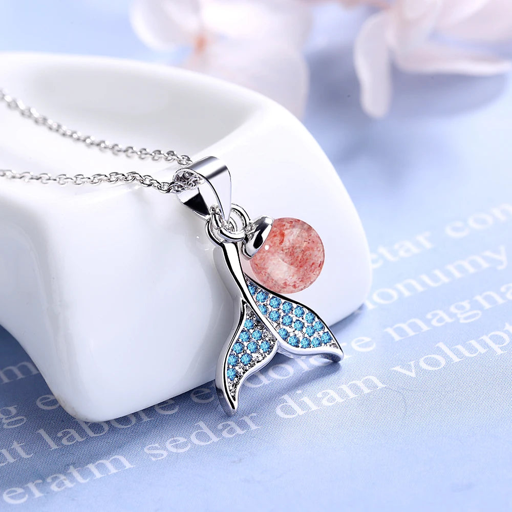 Romantic 925 Sterling Silver Blue Zirconia Mermaid FishTail Necklace For Women Natural Strawberry Crystal Jewelry S-N450