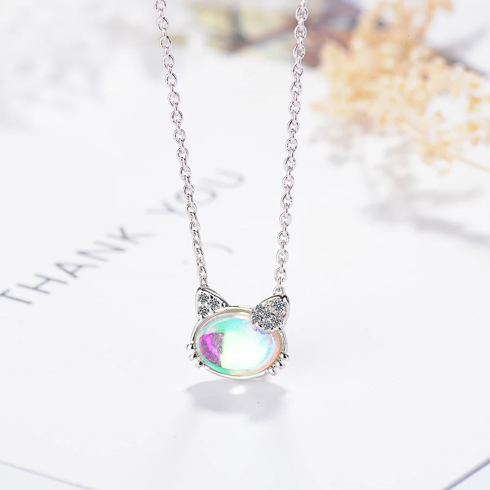 2019 New Cat Moonstone Necklaces & Pendants For Women Fashion 925 Sterling Silver Jewelry Clavicular Chain