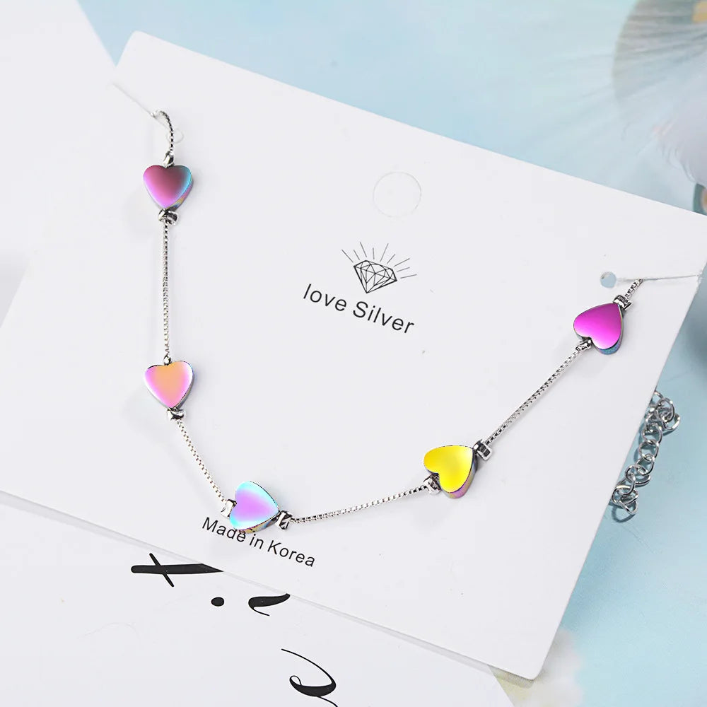 Charm Lovely Colored Heart Sterling Silver Bracelets For Women Korean Fashion Trendy Jewelry