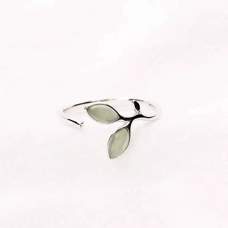 100% 925 Sterling Silver Green Opal Leaves Buds Open Rings For Women High Quality Creative FIne Jewelry