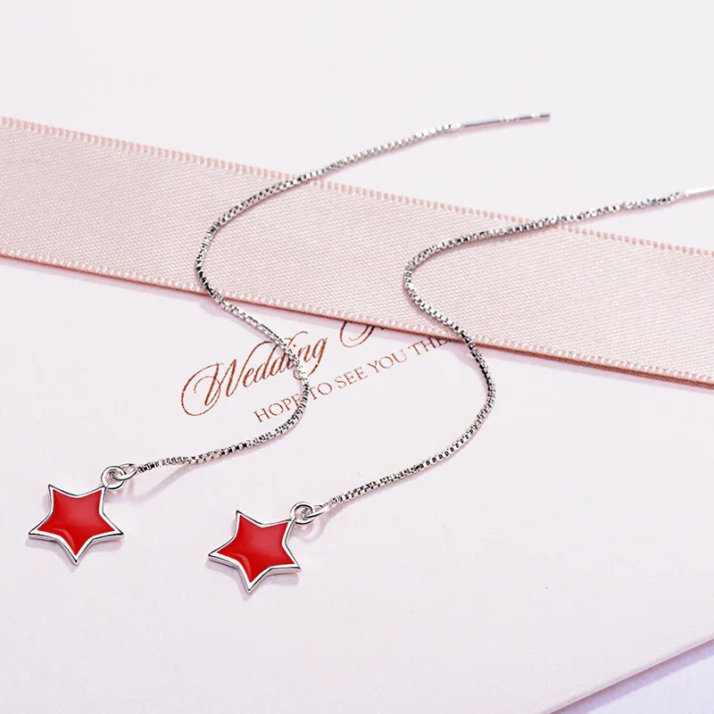 Real. 925 stamp silver color Pull Through Red Star Threader Earrings Long Tassels Sterling-silver-jewelry