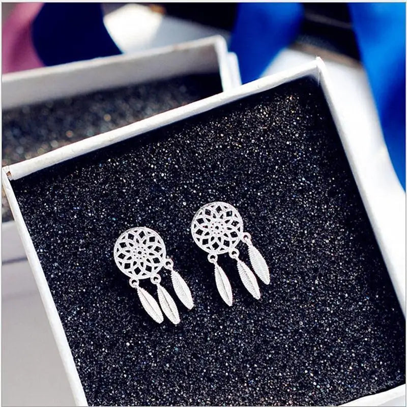 925 silver needle Earrings Dream Catcher Fashion Feather Tassel Earrings For Women oorbellen brincos de prata S-E387