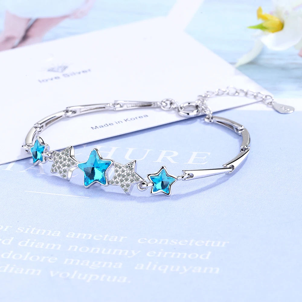 Delicate 925 Sterling Silver Blue Crystal luxury Zirconia Star Bracelets Pulseiras For Women Valentines Gift Wedding Jewelry