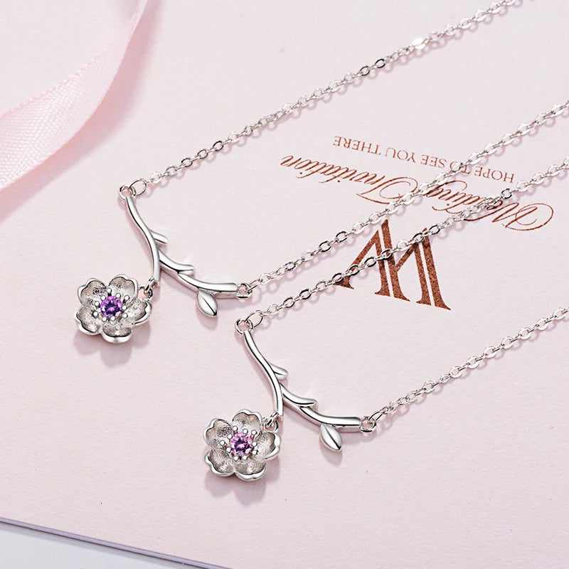 925 Sterling Silver Sakura Flower Necklaces & Pendants Cherry Blossoms With Chain Choker Necklace Jewelry Collar Colar