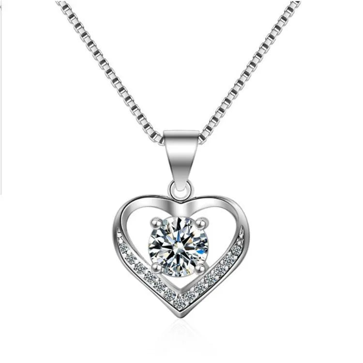 Classic 925 Sterling Silver Necklace Mosaic CZ Zirconia Heart Shape Pendant Necklace For Women Gift Chain choker S-N175