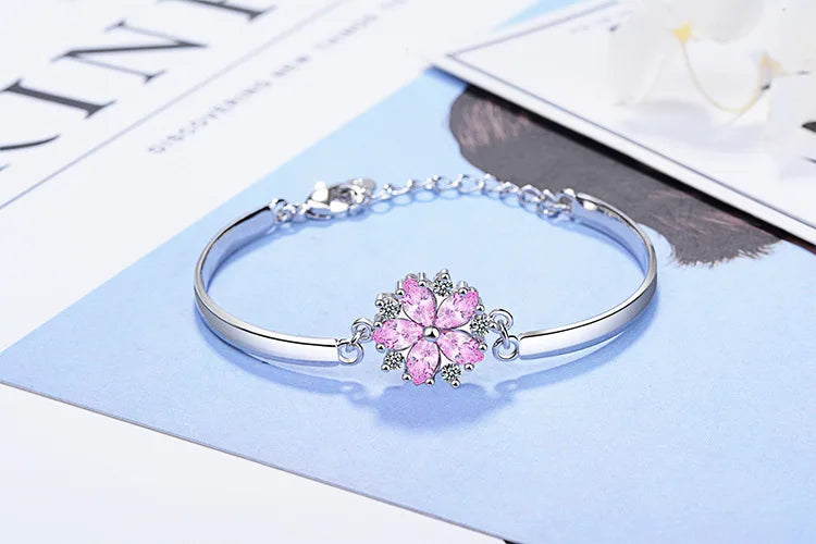 925 Sterling Silver Pink Crystal Zirconia Cherry Blossom Flower Bracelets & Bangles For Women pulseira S-B45