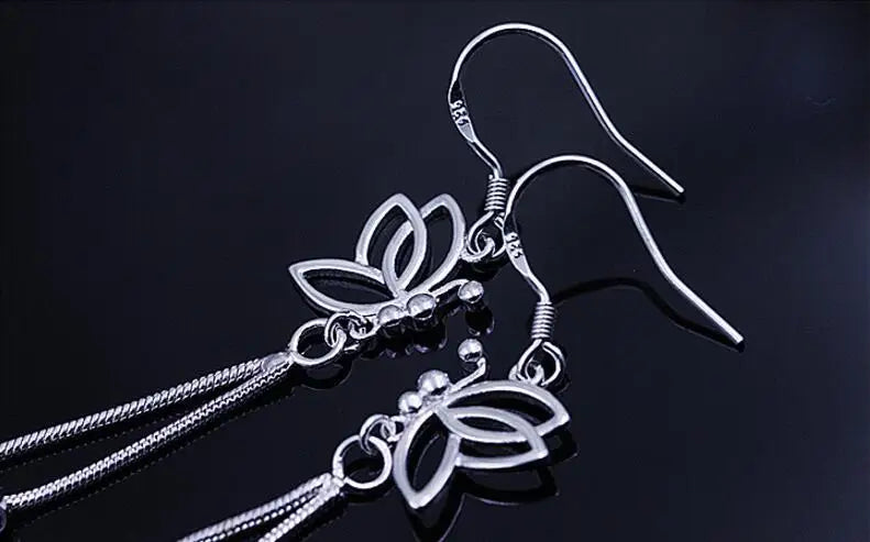 925 Sterling Silver Butterfly Long Tassel Beads Drop Earrings For Women Boucle d'oreille oorbellen S-E65