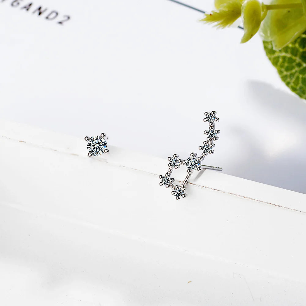 925 silver needle Cubic Zirconia Big Dipper Asymmetric Stud Earrings For Women Romantic Lady Fashion Jewelry