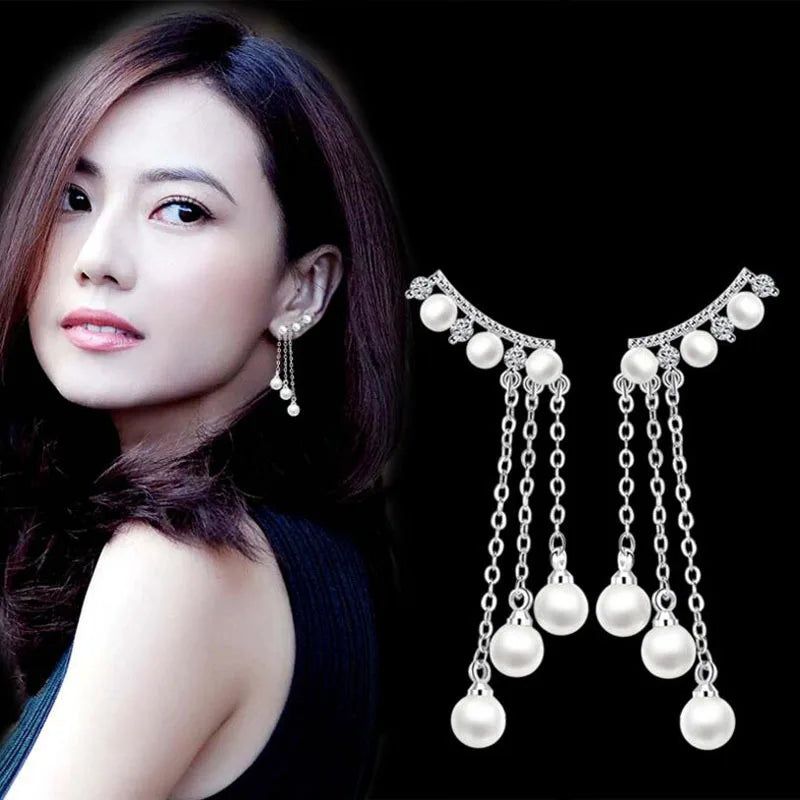 Newest Fashion Elegant Simulated Pearl Zirconia Long Tassel Pendant Drop Earrings For Women brincos S-E247