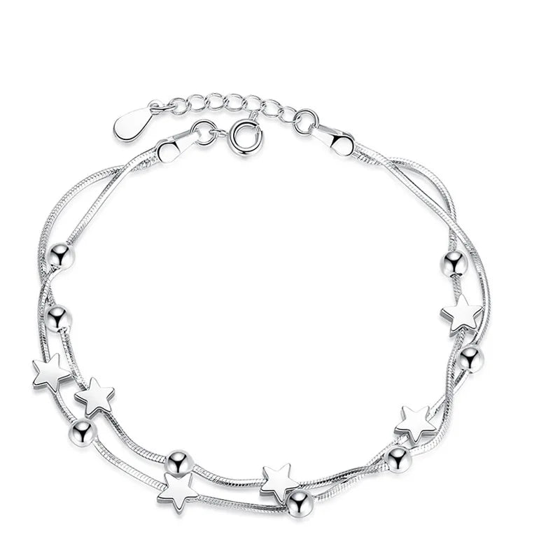 Korean Fashion Multi-layer 925 Sterling Silver Jewelry Frosted Five-pointed Star bead Chain Box Female Bracelet SB13