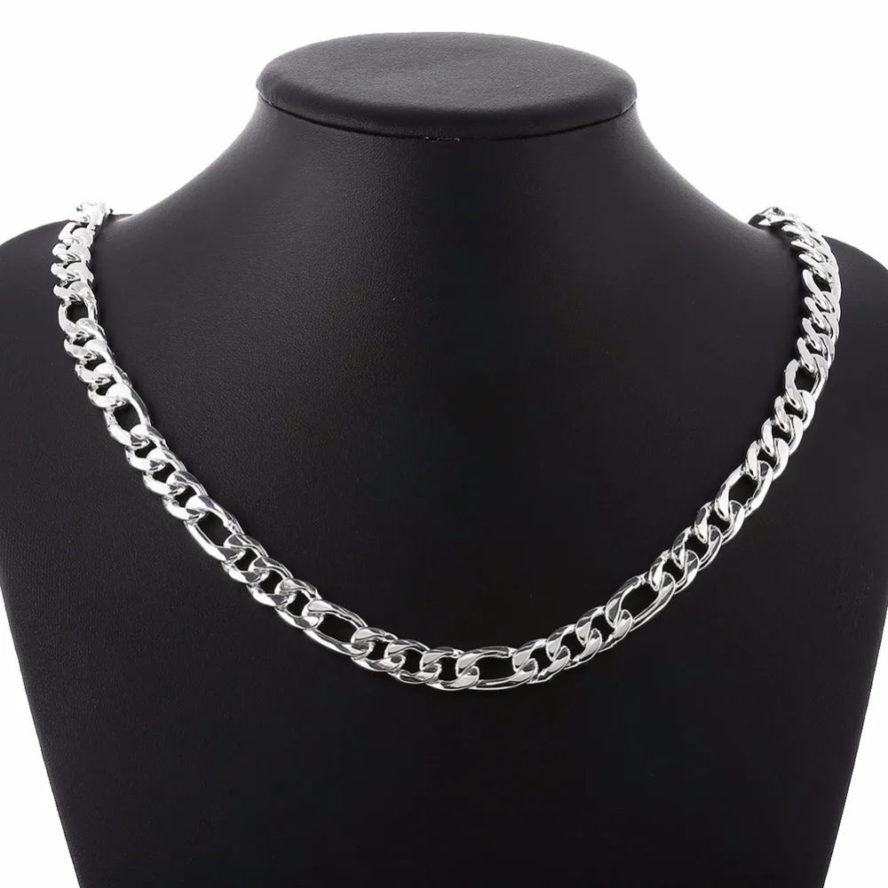 24" Pure Real 925 stamp silver color Figaro Chains Necklaces Women Men Jewelry Boy Friend Gift 60cm 10mm Colier Wholesale