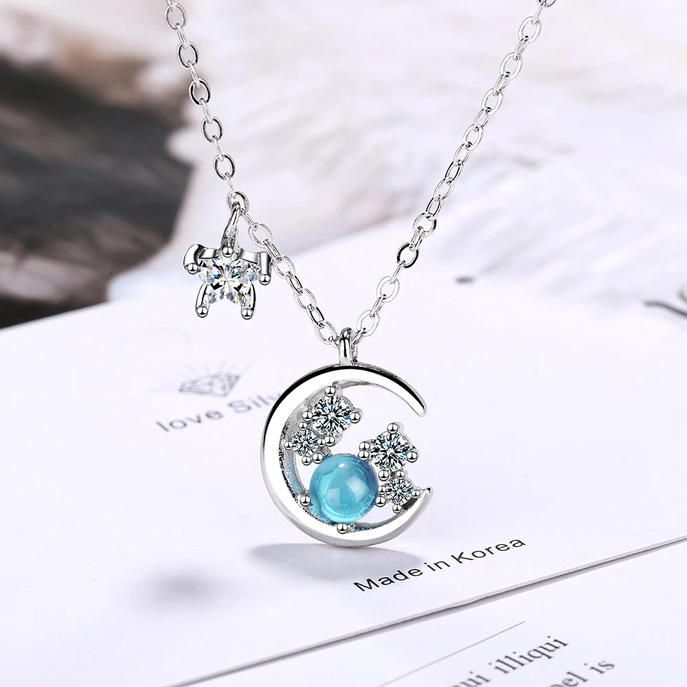 Fashion Charm Women Moon Star Necklace Jewelry 925 Sterling Silver Zirconia Choker Necklaces Pendant For Women Girls Gift Colar