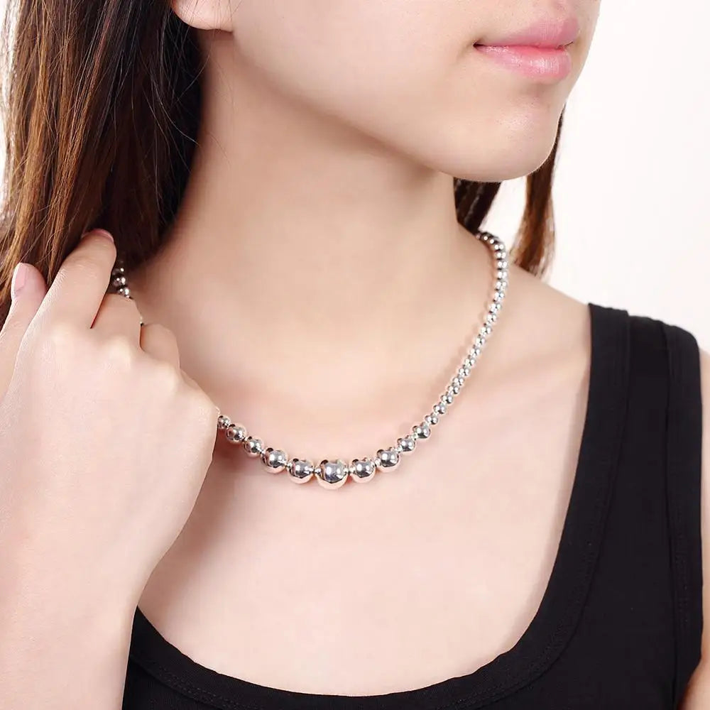925 Silver Exquisite Noble Luxury Gorgeous Charm Fashion vary Chain Women Lady Beads Necklace 18 Inches Silver Jewelry