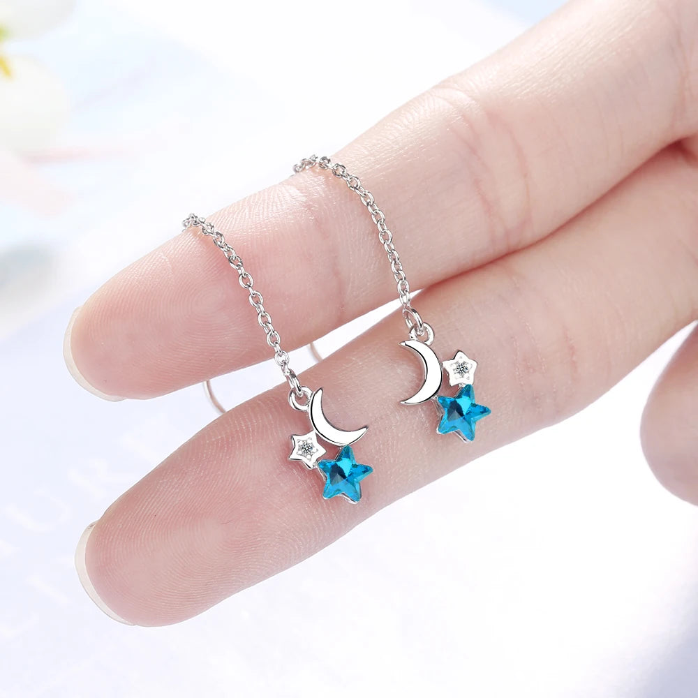 Real 925 stamp silver color Blue Zirconia Star Moon Short Tassel Dangle Drop Earrings For Elegant Women Fine Jewelry Gift