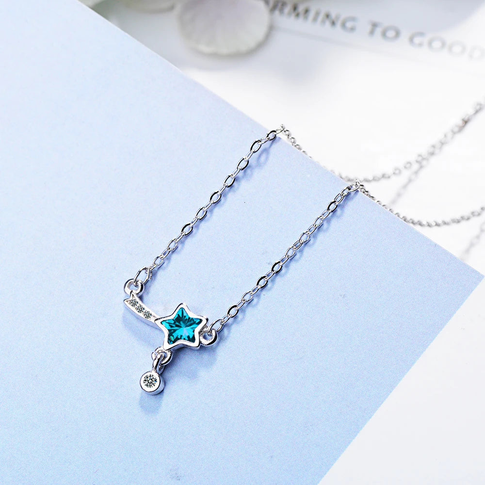 Simple Fashion 925 Sterling Silver Blue Crystal Zirconia Tassel Necklace For Women Girl Birthday Gift S-n260