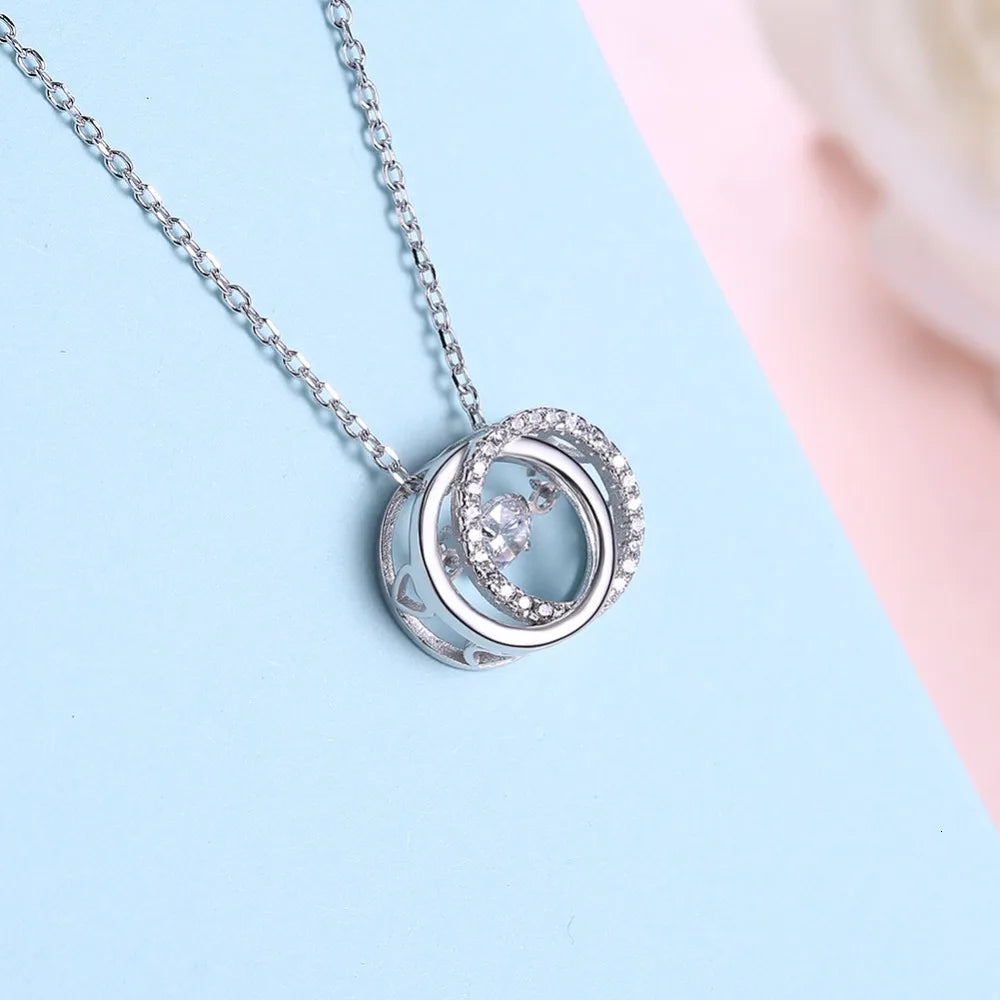 Cute Real. S925 Sterling Silver Interlocking Big And Small Double Circle Round Pendant Necklace Chain Circle Of Life For Women