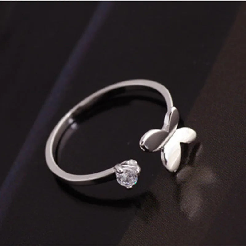 925 Sterling Silver Luxury Crystal Butterfly Rings for Women Jewelry Fashion Open Adjustable Finger Ring
