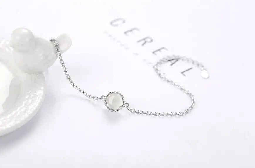 Simple 925 Sterling Silver Chain Bracelets Chalcedony Moonlight Stone Bracelets & Bangles For Women pulseira S-B97