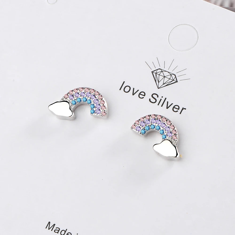 100% 925 Solid Real Sterling Silver Jewelry Colorful CZ Rainbow Cloud Stud Earring Women Friend Girl Lady