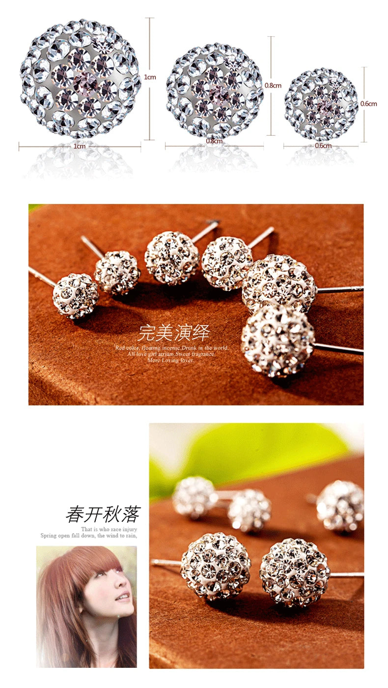 Simple 925 Sterling Silver Earrings Full Crystal Ball Stud Earrings Gift For Women brincos S-E35