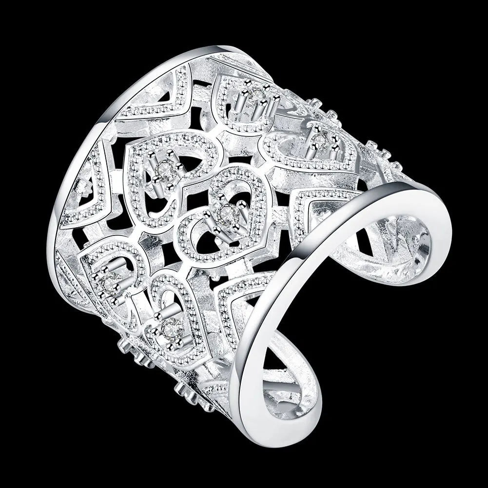 New Popular 925 stamp silver color Jewelry Fine Big Wide Fresh Fashion Simple Heart-shaped Love Hollow Open Hole Rings