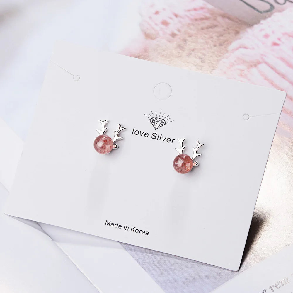 925 silver needle Sweet Cute Pink Deer Small Stud Earrings For Women Personality Strawberry Crystal Animal Present