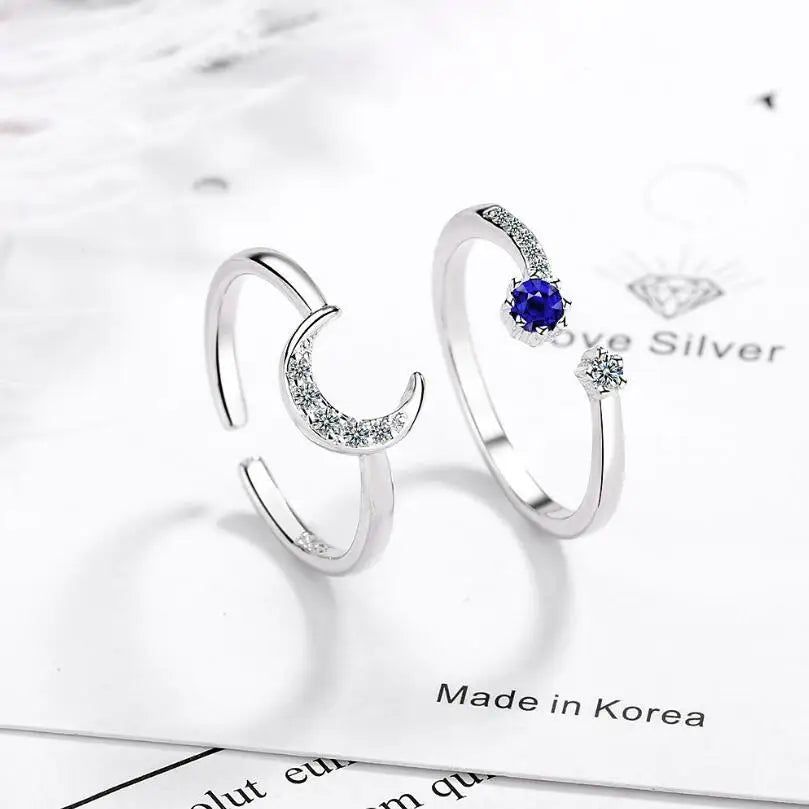 Real 925 Sterling Silver Shiny Zirconia Moon Star Adjustable Ring For Charming Women Wedding Romantic Fine Jewelry Gift