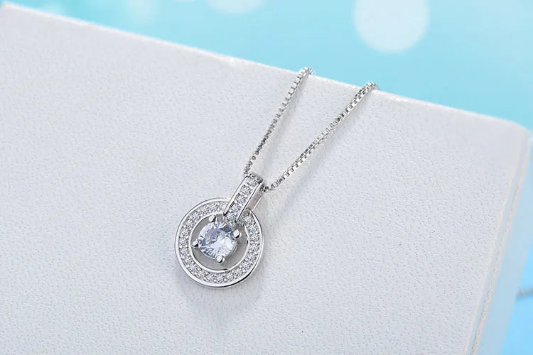 925 Sterling Silver Necklaces Rhinestone Double Circle Pendant Necklace Jewelry Collar Colar De Plata