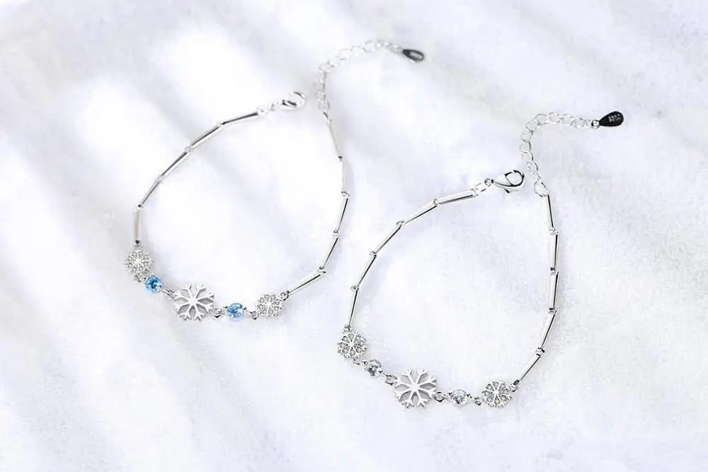 Hot Fashion 925 Sterling Silver Snowflake Bracelets & Bangles Blue/White Zirconia Shiny Crystal pulseira feminina Gift