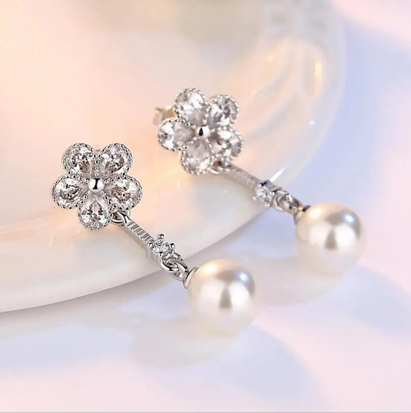 925 stamp silver color Earrings Crystal Plum Ice Flower Zirconia Pearl Drop Earrings For Women brincos de prata S-E252