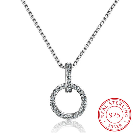925 Sterling Silver Double Round Circle CZ Zirconia Necklaces & Pendants For Women Gift kolye choker collares S-N63