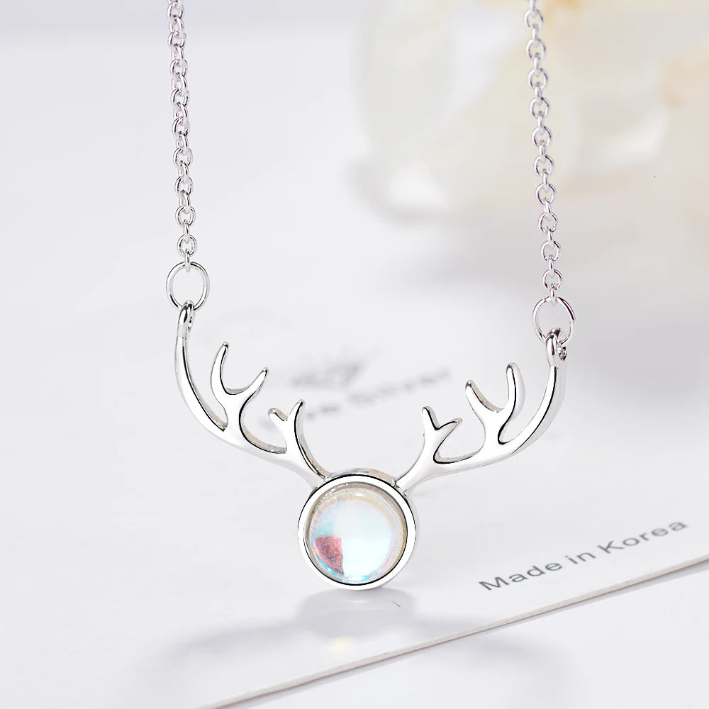 Sweet Colorful Moonstone Antler Necklace For Women 925 Sterling Silver Chain Necklace Best Gift S-n362
