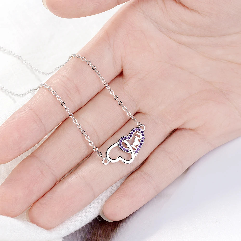 Micro Zirconia Double Love Heart 925 Sterling Silver Necklace For Women Short Clavicle Chain Christmas Gift S-N303