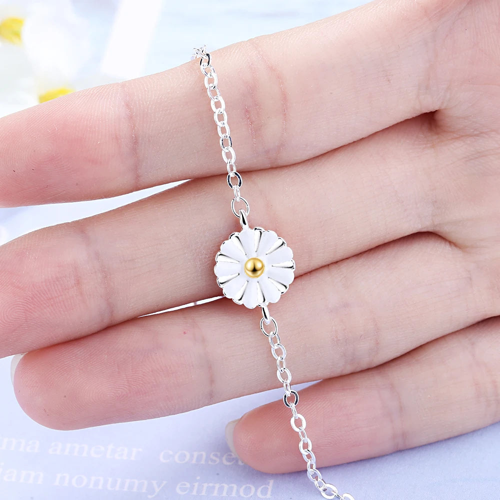 Free Shipping 925 Sterling Silver Bracelet Daisy Flower Bracelet Fine Jewelry Gift For Girl Srebrna bransoletka pulsera de plata