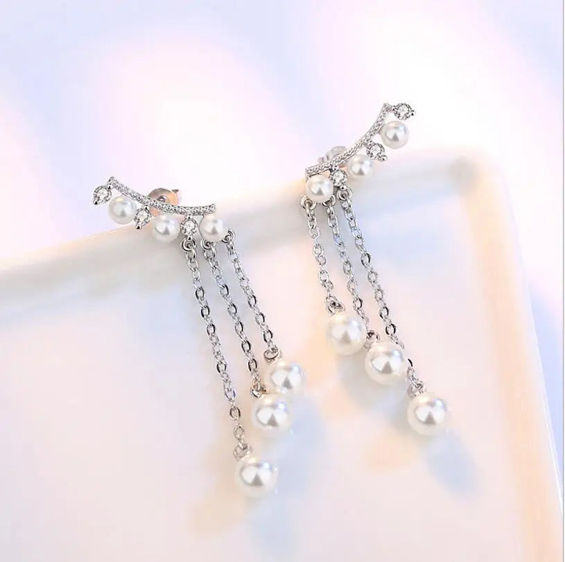 Newest Fashion Elegant Simulated Pearl Zirconia Long Tassel Pendant Drop Earrings For Women brincos S-E247