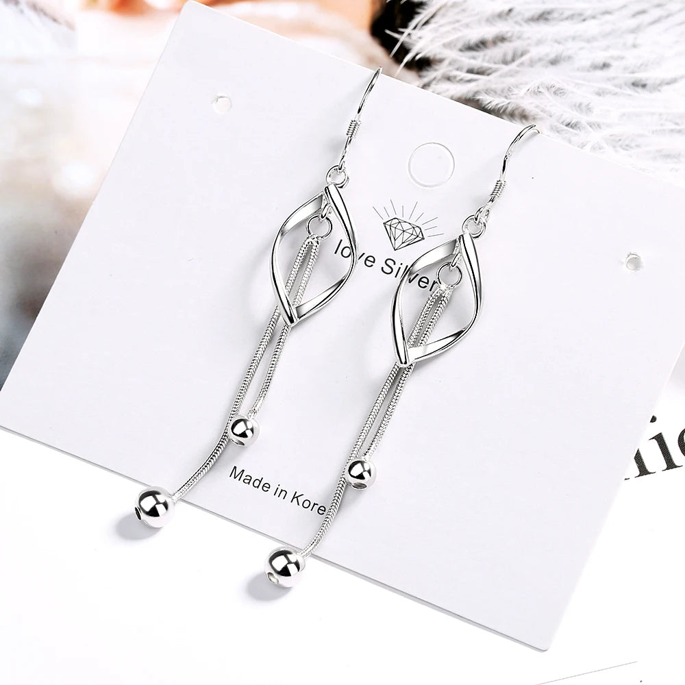 925 stamp silver color Twisted Drop Earrings For Women Beads Long Tassel Earrings oorbellen brincos pendientes